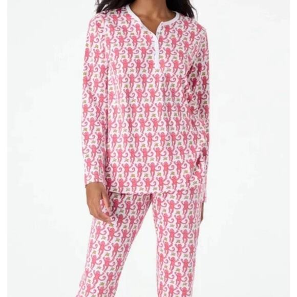 Roller Rabbit Long Sleeve Pajama Set Womens Large Pink Monkey Cotton Sleepwear - Picture 1 of 16